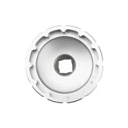 Park Tool bottom bracket socket tool – A circular metallic bottom bracket tool viewed from the top, featuring a central square drive hole and a notched outer rim, centered on a plain white background.