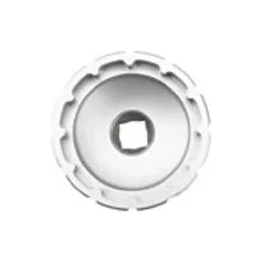 Park Tool bottom bracket socket tool – A circular metallic bottom bracket tool viewed from the top, featuring a central square drive hole and a notched outer rim, centered on a plain white background.