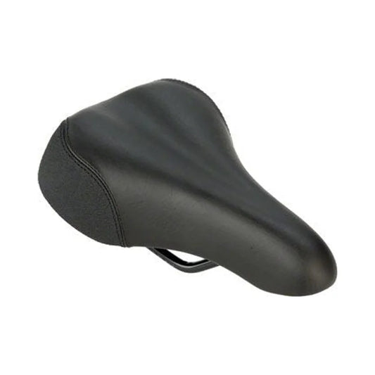 Planet Bike youth black saddle – A compact black youth bike saddle with smooth padded vinyl, textured rear side panels, and steel mounting rails visible underneath, angled on a white background.
