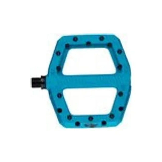 Turquoise RaceFace Chester platform bike pedal – A bright turquoise composite bicycle platform pedal with black traction pins set along the perimeter, displayed horizontally against a white studio background.