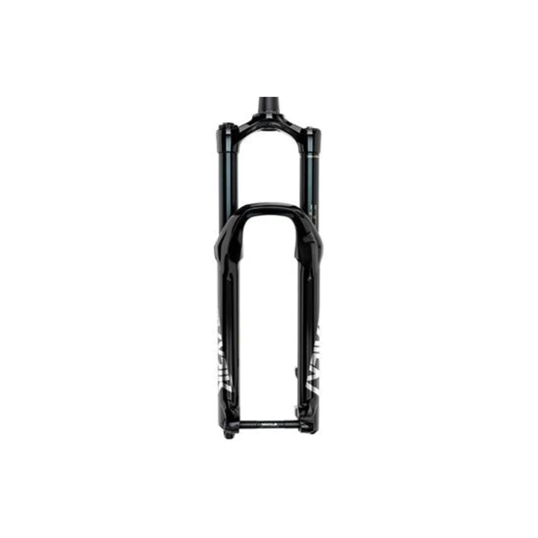 RockShox Lyrik Ultimate suspension fork – A glossy black mountain bike suspension fork stands vertically against a pure white background, featuring silver lower leg graphics, an arch bridge, and a thru-axle.