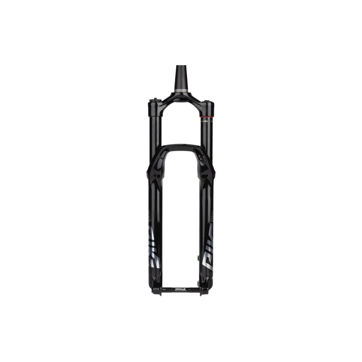 RockShox Pike Ultimate suspension fork in black – Front-facing view of a glossy black RockShox suspension fork with silver Pike graphics, black stanchions, and an integrated Maxle thru-axle against a white background.
