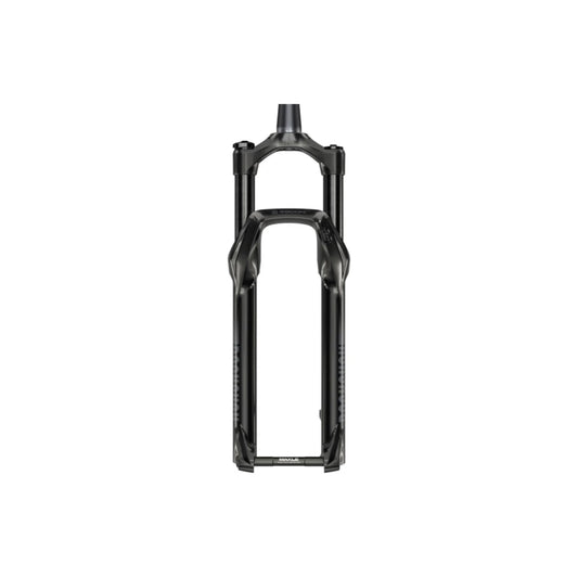 RockShox Recon Silver RL suspension fork – Front view of an all-black mountain bike suspension fork with a tapered steerer, black stanchions, lower legs with subtle branding, and a thru-axle against a plain white background.