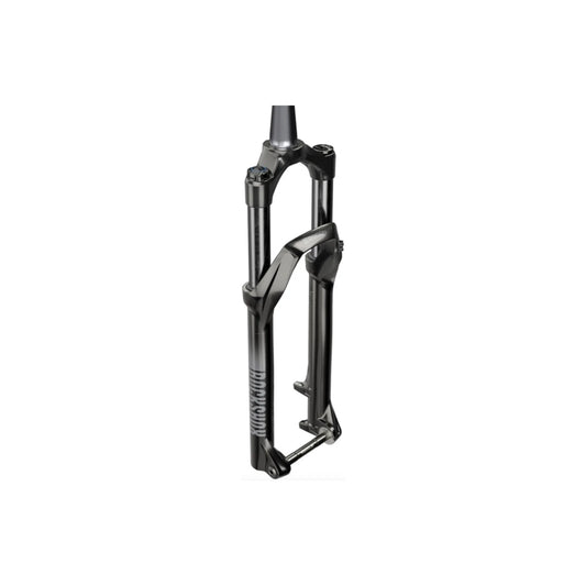 RockShox Recon Silver RL suspension fork – This black bicycle suspension fork features sleek stanchions, lower leg casting with white RockShox branding, and a thru-axle, photographed upright on a white background.