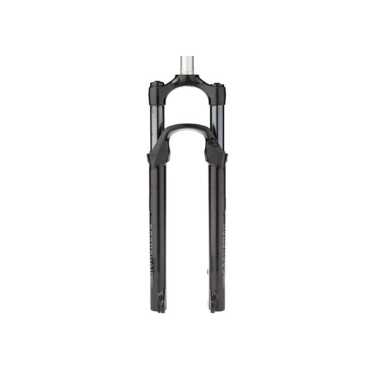 RockShox Recon Silver RL suspension fork – Front view of a glossy black bicycle suspension fork with steel stanchions, lower leg arch, and quick-release dropouts, centered against a plain white background.