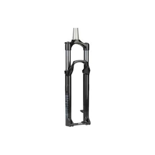 RockShox Recon Silver RL suspension fork – A black RockShox mountain bike suspension fork stands vertically against a white background, featuring silver stanchions, a tapered steerer tube, and subtle branding.