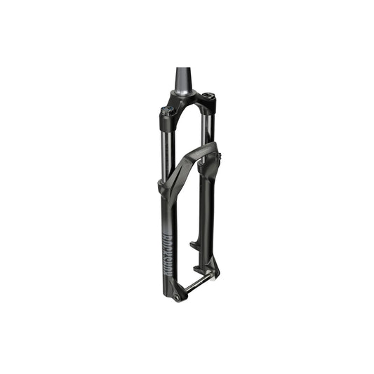 RockShox Recon Silver RL suspension fork – A matte black mountain bike suspension fork with silver stanchions, lower leg brace, disc brake mounts, and a thru-axle, shown against a plain white background.