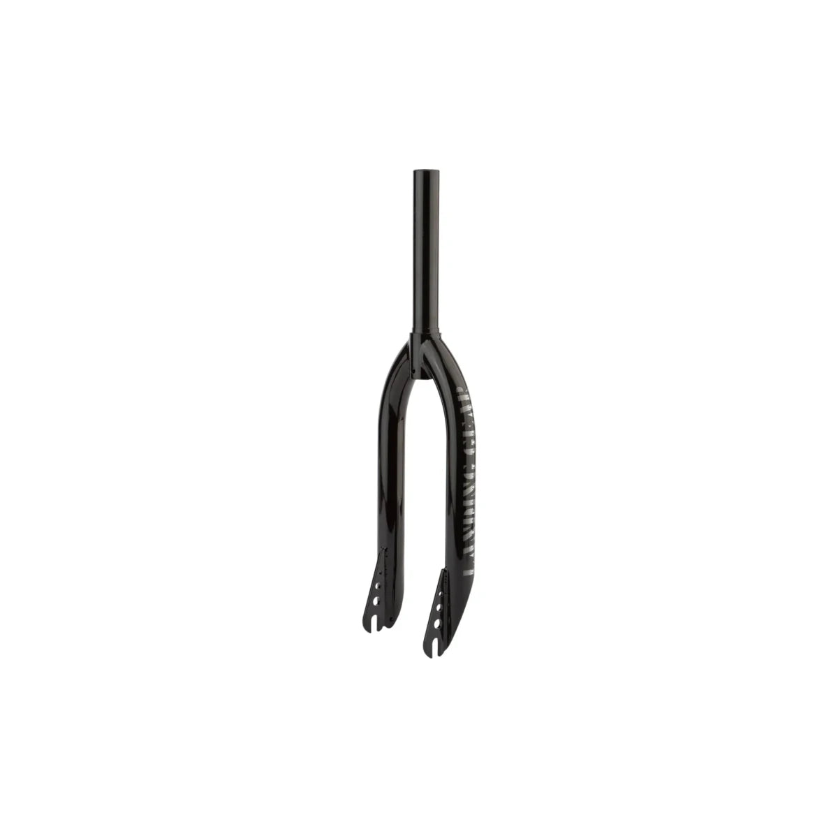 Gloss black SE Landing Gear BMX fork – A glossy black threadless BMX fork with drilled dropouts and white Landing Gear side lettering stands vertically against a pure white background.