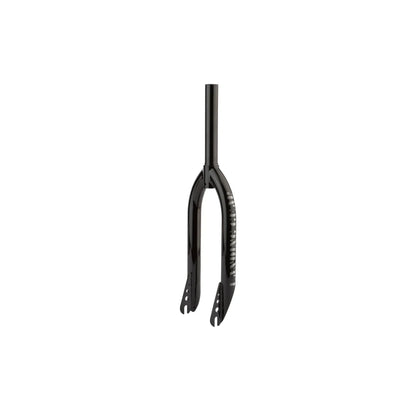 Gloss black SE Landing Gear BMX fork – A glossy black threadless BMX fork with drilled dropouts and white Landing Gear side lettering stands vertically against a pure white background.