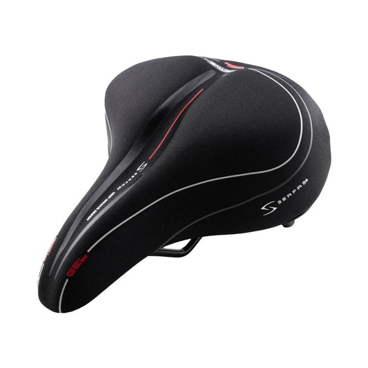 Serfas cruiser gel bike seat with Lycra cover – Padded black cruiser bicycle saddle with a center groove, white accent stripes, red gel lettering, and Serfas branding set against a plain white background.