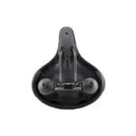 Serfas cruiser bicycle saddle underside – The underside of a wide black cruiser bicycle seat shows the molded plastic base, mounting rails, and dual suspension elastomer springs against a white background.