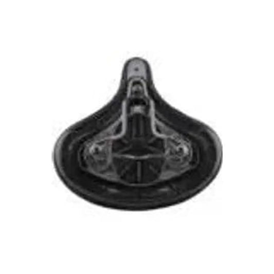 Underside of cruiser bike saddle with springs – The black underside of a wide cruiser bicycle saddle features its molded base, integrated suspension coils, and mounting rail system against a plain white background.