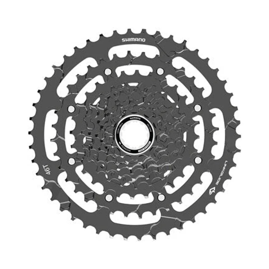 Shimano CUES CS-LG400-9 Cassette - 9-Speed, 11-46t, LINKGLIDE, Black (Bicycle Cassettes & Freewheels) – studio product photo