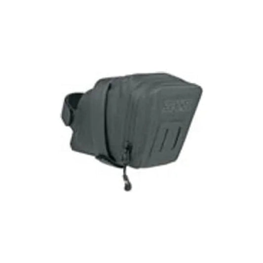 SKS Flow Race black bike saddle bag – A compact black SKS Flow Race saddle bag features a molded exterior, zipper closure with pull tab, and fastening straps against a white backdrop.