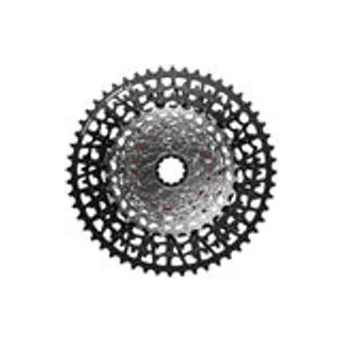 SRAM Eagle T-Type 12-speed cassette – Centered against a plain white background, this 12-speed bicycle cassette features silver smaller cogs tapering out to a wide black outer cog with intricate cutouts.