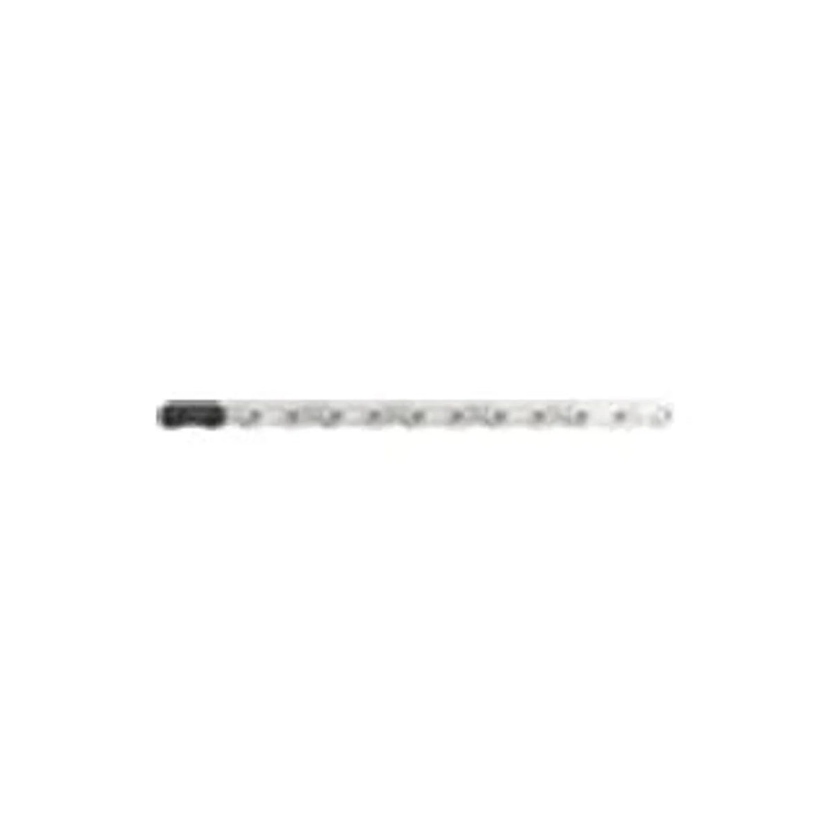 SRAM Eagle T-Type silver bicycle chain – A straight segment of a silver bicycle chain rests horizontally across a clean white background, showcasing interconnected metal links and a dark master link.