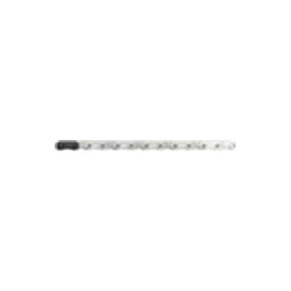 SRAM Eagle T-Type silver bicycle chain – A straight segment of a silver bicycle chain rests horizontally across a clean white background, showcasing interconnected metal links and a dark master link.