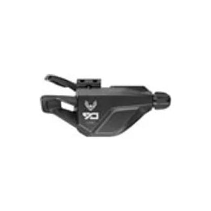 SRAM Eagle matte black trigger shifter – A matte black bicycle trigger shifter is centered against a pure white background, showcasing a compact body, integrated mount, and white logo graphics.