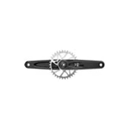 SRAM Eagle crankset with chainring – A pair of black bicycle crankarms positioned horizontally over a silver circular chainring, isolated against a plain white background.