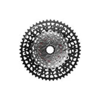 SRAM Eagle 12-speed bicycle cassette – Front view of a 12-speed bicycle cassette featuring a large black outer cog and smaller silver steel cogs centered on a white background.