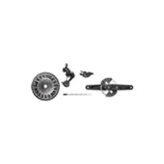 SRAM Eagle mountain bike drivetrain groupset – Complete black and silver bicycle drivetrain components including a multi-sprocket cassette, rear derailleur, shifter, chain, and crankset with chainring arranged across a plain white background.