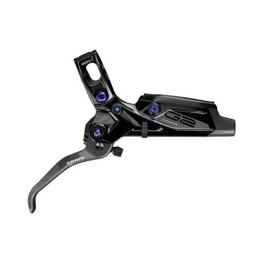 SRAM G2 Ultimate Disc Brake and Lever - Front, Post Mount, Carbon Lever, Titanium Hardware, Gloss Black with Rainbow – SRAM G2 Ultimate Disc Brake and Lever - Front, Post Mount, Carbon Lever, Titanium Hardware, Gloss Black with Rainbow Hardware, A2