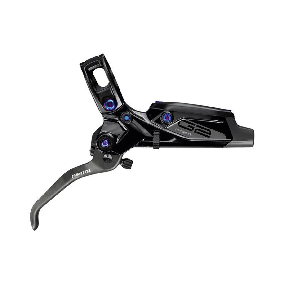 SRAM G2 Ultimate Disc Brake and Lever - Rear, Post Mount, Carbon Lever, Titanium Hardware, Gloss Black with Rainbow – SRAM G2 Ultimate Disc Brake and Lever - Rear, Post Mount, Carbon Lever, Titanium Hardware, Gloss Black with Rainbow Hardware, A2