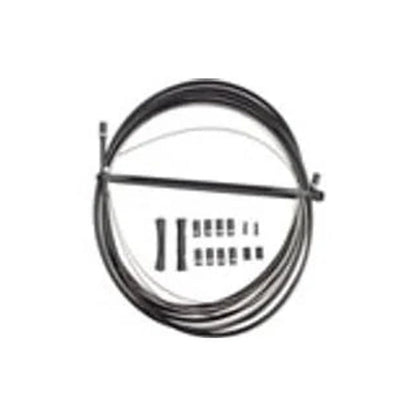 Black shift cable and housing kit – Coiled black bicycle shift cable housing and silver inner wire are displayed on a white background alongside an assortment of small black ferrules and end caps.