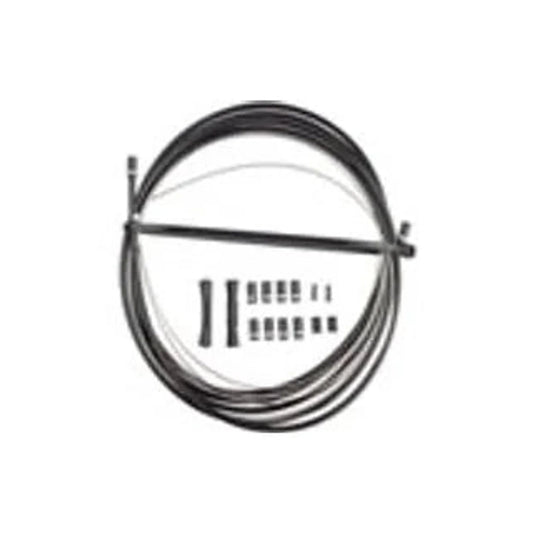 Black shift cable and housing kit – Coiled black bicycle shift cable housing and silver inner wire are displayed on a white background alongside an assortment of small black ferrules and end caps.