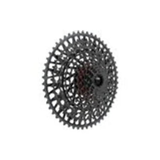SRAM X0 Eagle T-Type black cassette – A 12-speed black bicycle cassette is angled slightly to the side against a plain white background, showing its stepped steel cogs and open-architecture design.