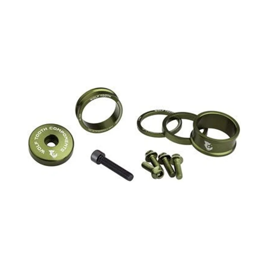 Wolf Tooth BlingKit: Headset Spacer Kit 3, 5,10, 15mm, Olive (Bicycle Headset Spacers) – studio product photo