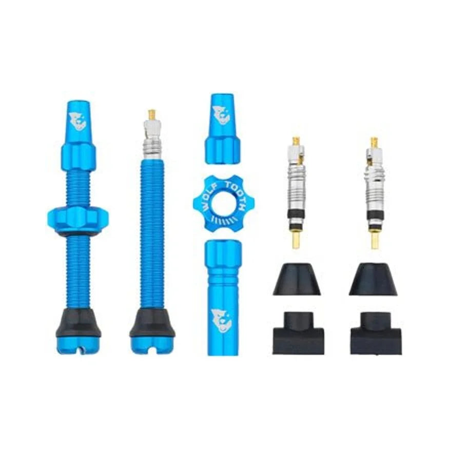 Wolf Tooth Tubeless Valve Stem Kit - 44 mm, Blue (Bicycle Tire Valves) – studio product photo