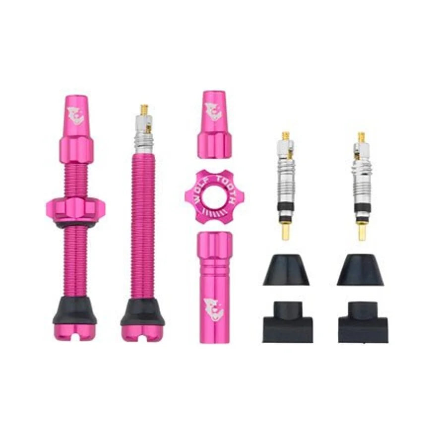 Wolf Tooth Tubeless Valve Stem Kit - 44 mm, Pink (Bicycle Tire Valves) – studio product photo