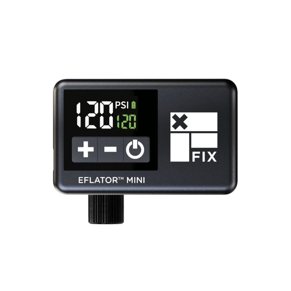 Black Fix EFlator Mini digital pump – Compact black digital tire pump displaying 120 PSI on an illuminated screen with control buttons, a valve chuck beneath, and the Fix logo on a white background.