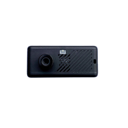 Fix Manufacturing EFlator mini digital pump port – Top view of a compact black digital pump featuring a circular valve chuck port, integrated LED light, and diagonal cooling vents on a white background.