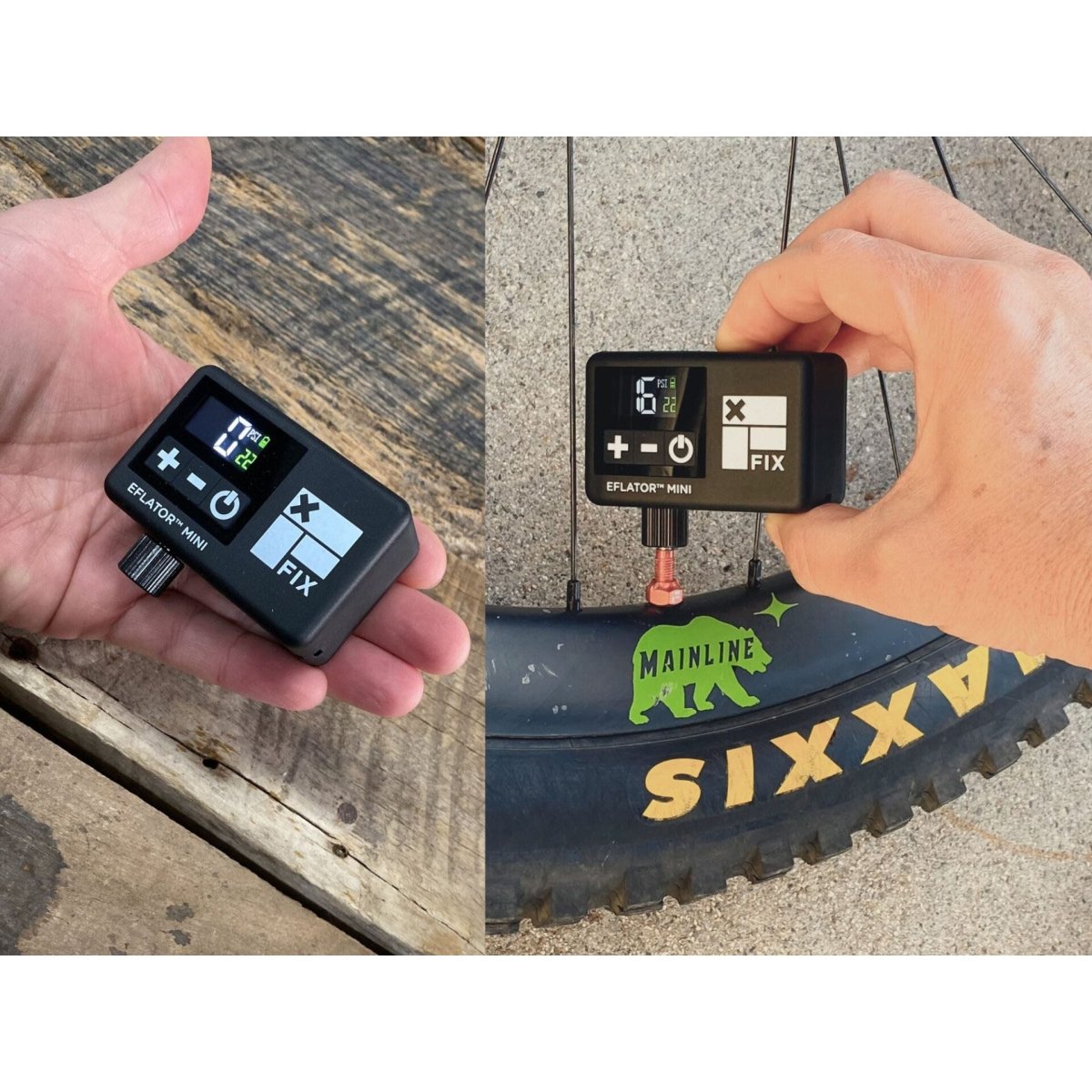 Fix EFlator Mini digital pump – Split view displays a compact black digital pump resting on an open palm and attached to a bicycle tire valve stem, showing its illuminated digital pressure screen.