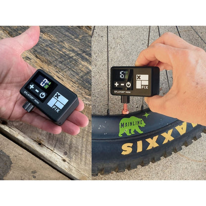 Fix EFlator Mini digital pump – Split view displays a compact black digital pump resting on an open palm and attached to a bicycle tire valve stem, showing its illuminated digital pressure screen.