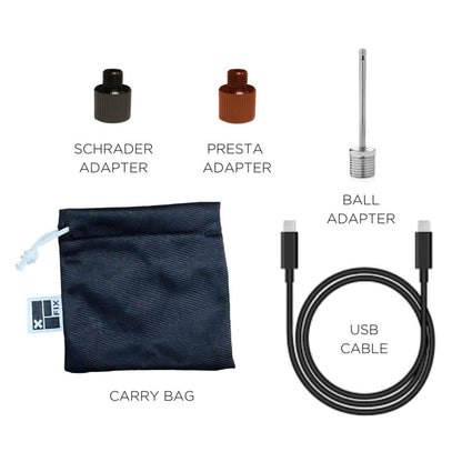 Fix Manufacturing EFlator pump accessories set – Laying on a white background, this accessory set includes Schrader, Presta, and ball adapters, accompanied by a coiled black USB cable and a black drawstring pouch.
