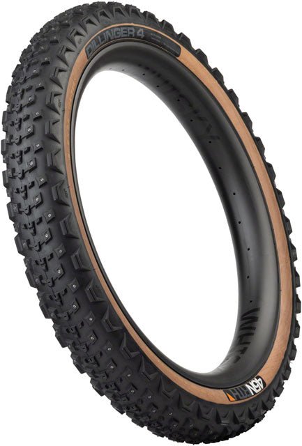 45NRTH Dillinger 4 Tire - 27.5 x 4.0, Tubeless, Folding, Tan, 60 TPI, 168 Large Concave Carbide Aluminum Studs - Alaska Bicycle Center