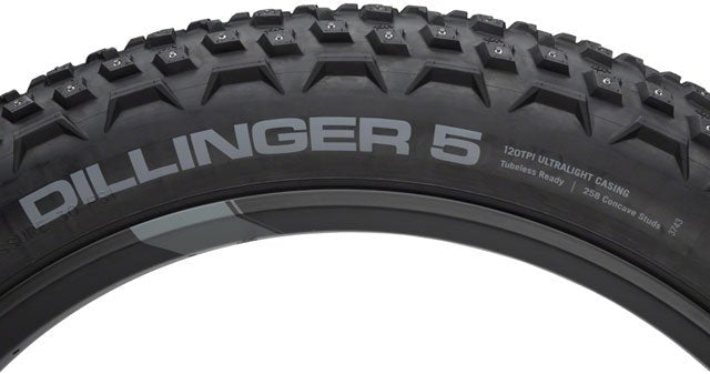 45NRTH Dillinger 5 Tire - 27.5 x 4.5, Tubeless, Folding, Black, 120tpi, 252 Concave Carbide Aluminum Studs - Alaska Bicycle Center